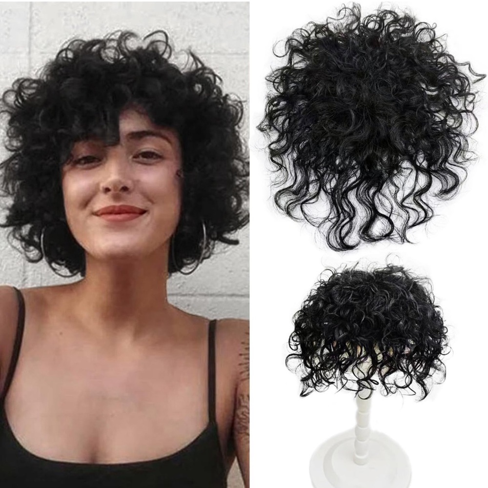 10” short curly human hair lace front wig. Black. Comes with free wig tripod